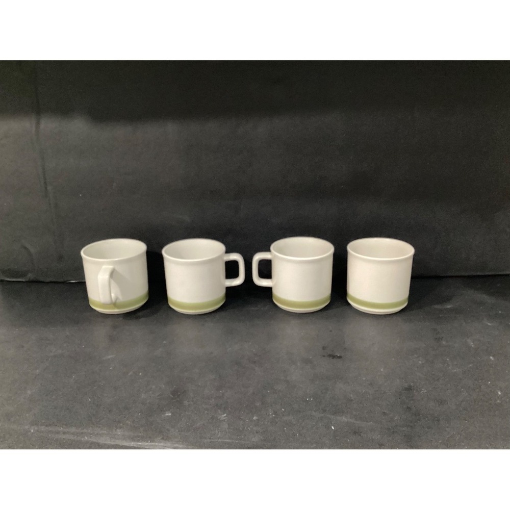 Spring Collection Stoneware Coffee Mugs Vintage 70s Set of 4 Green Rim at Bottom